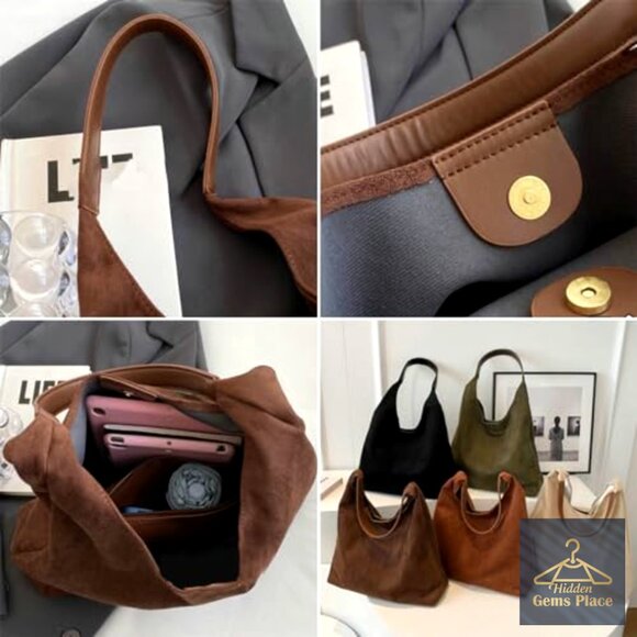 Large Slouchy Suede Hobo Tote Shoulder Bag with Top Handle - Picture 7 of 7